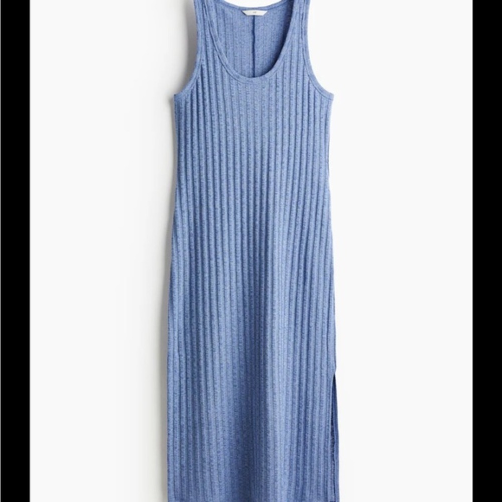 Blue Ribbed Midi Dress in Blue Marl Size M Coastal Layer Comfy
